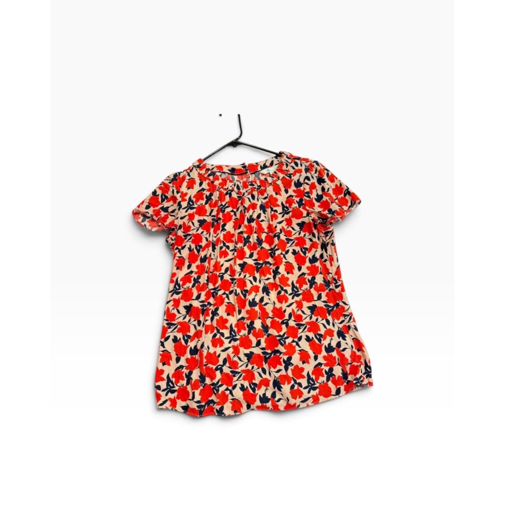 Banana Republic Blouse Womens S Red Floral Short Sleeve Pleated Neck Top Casual